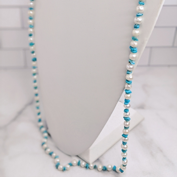925 pearl & turquoise chip long strand necklace - Picture 3 of 5
